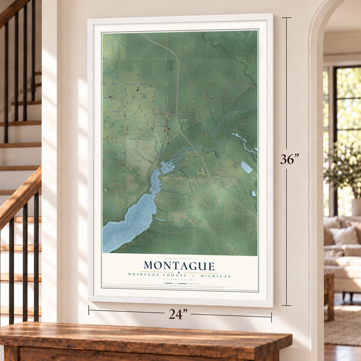 Montague, Muskegon County, Michigan map, 24 x 36 inch print in a white frame by a staircase