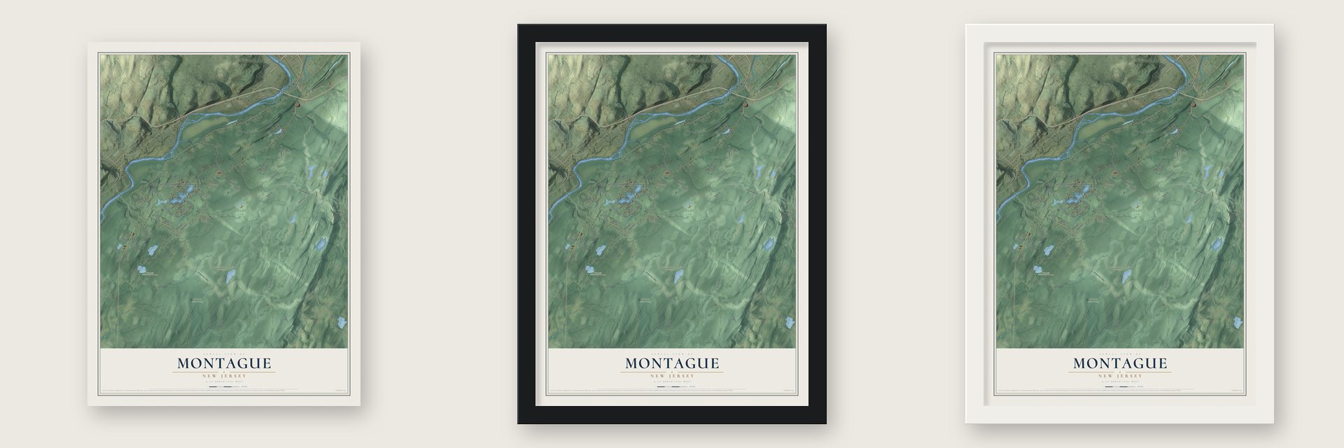 Montague, New Jersey map unframed, in a black wood frame and in a white wood frame