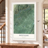 Montague, New Jersey map, 24 x 36 inch print in a white frame by a staircase