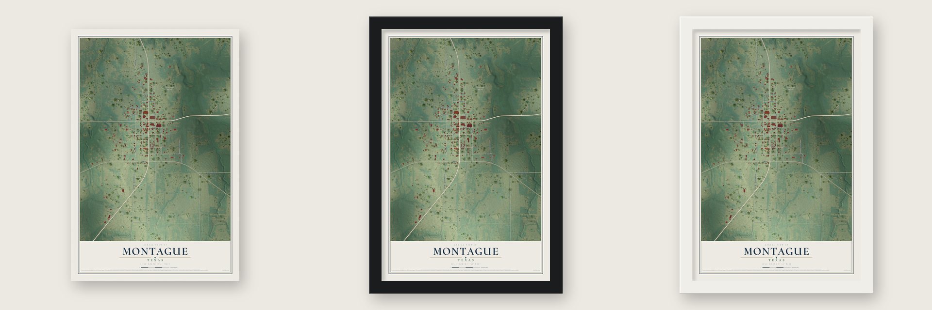 Montague, Texas map unframed, in a black wood frame and in a white wood frame
