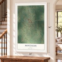 Montague, Texas map, 24 x 36 inch print in a white frame by a staircase