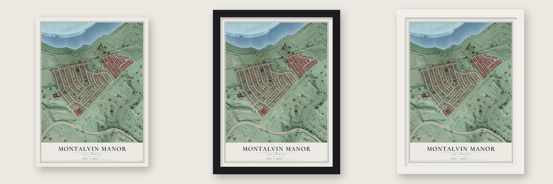 Montalvin Manor, California map unframed, in a black wood frame and in a white wood frame