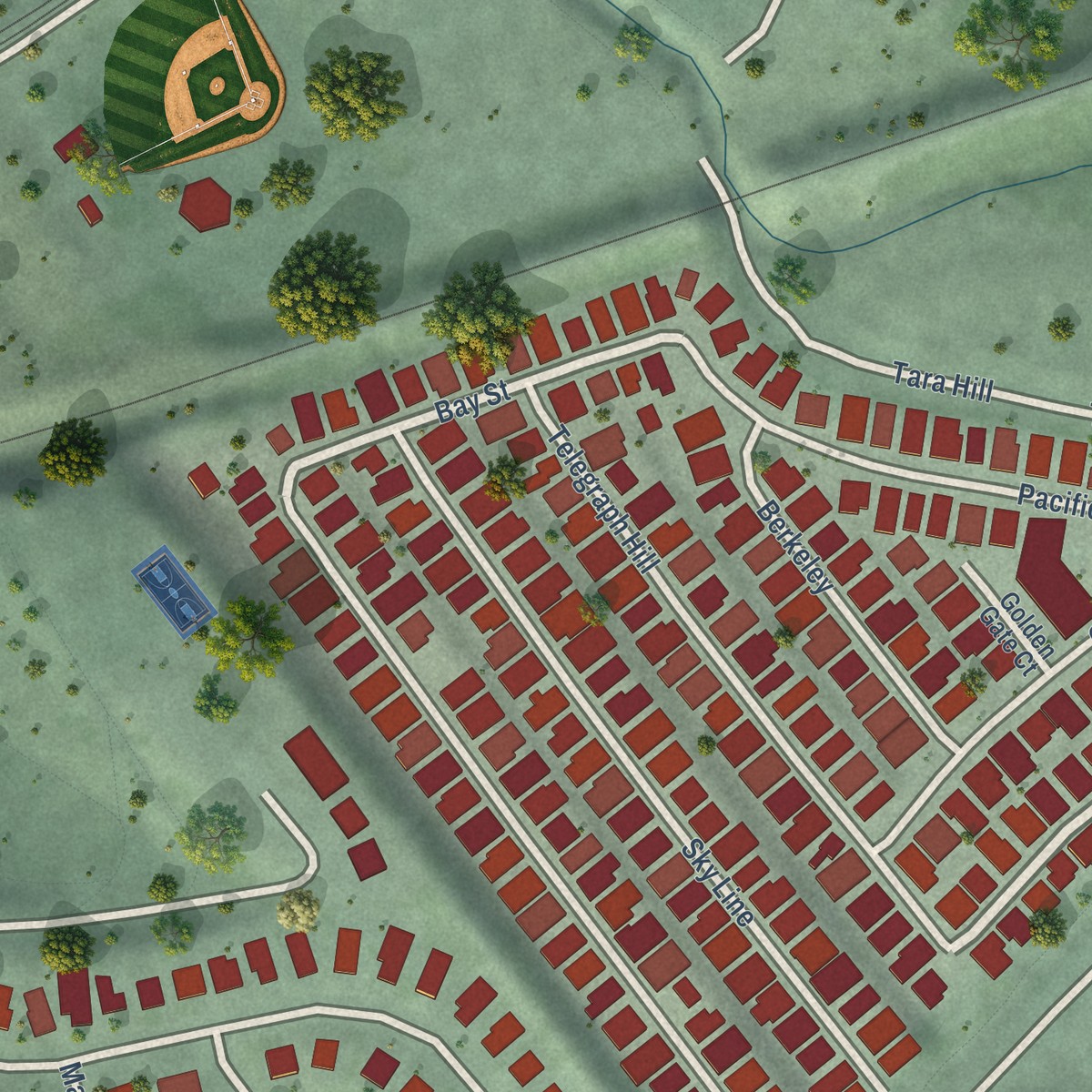 Second close-up of the map of Montalvin Manor, California print showing more streets and buildings