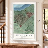 Montalvin Manor, California map, 24 x 36 inch print in a white frame by a staircase