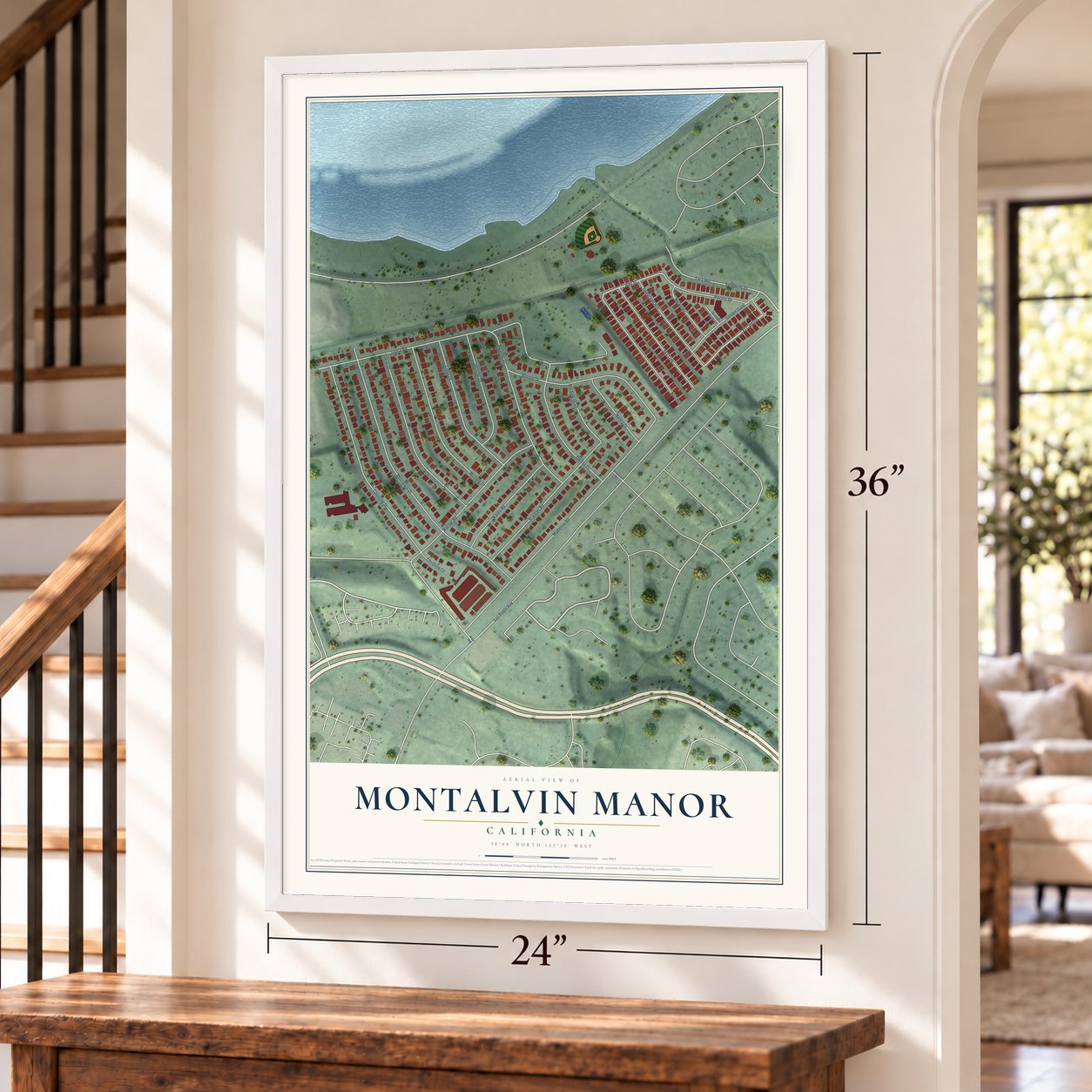 Montalvin Manor, California map, 24 x 36 inch print in a white frame by a staircase
