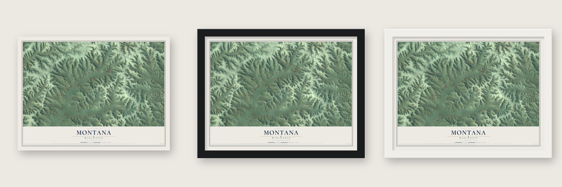 Montana, Wisconsin map unframed, in a black wood frame and in a white wood frame