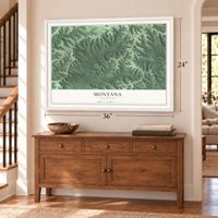 Montana, Wisconsin map, 24 x 36 inch print in a white frame above a dresser by a staircase