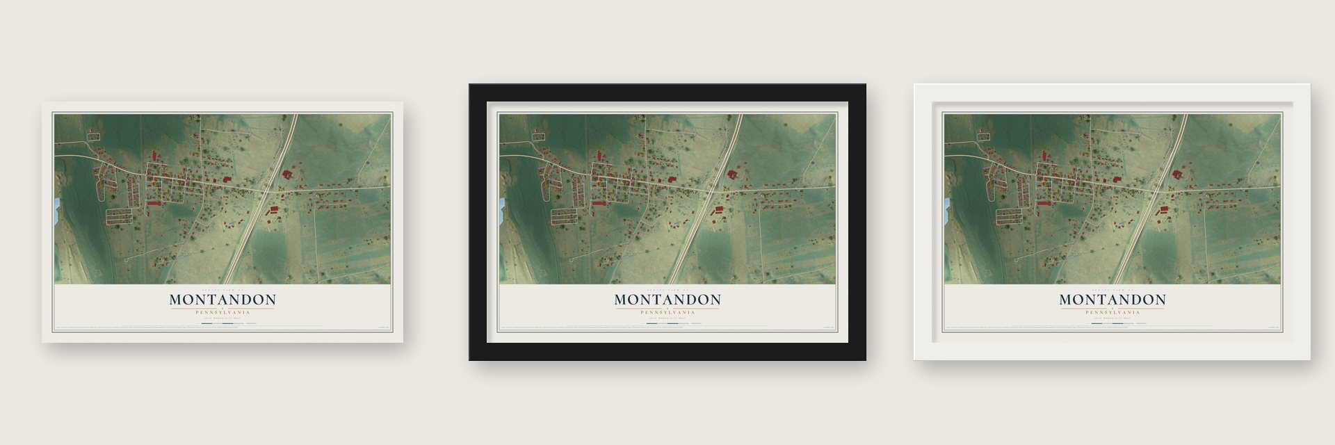 Montandon, Pennsylvania map unframed, in a black wood frame and in a white wood frame