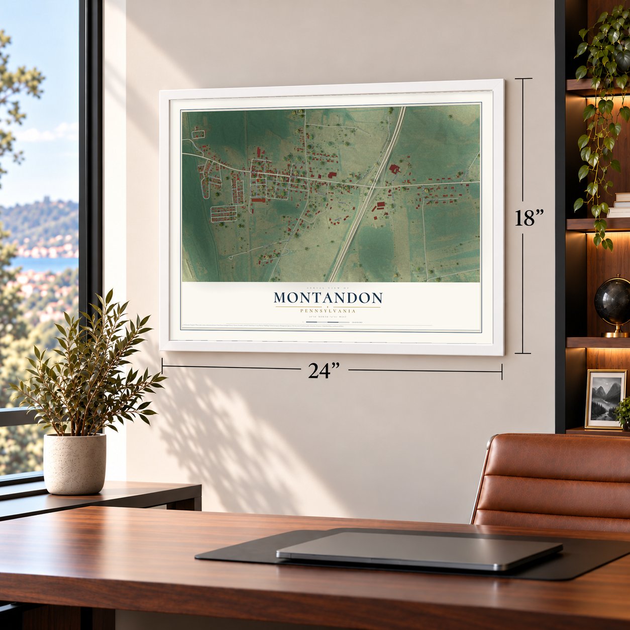 Montandon, Pennsylvania map, 18 x 24 inch print in a white frame in a home office
