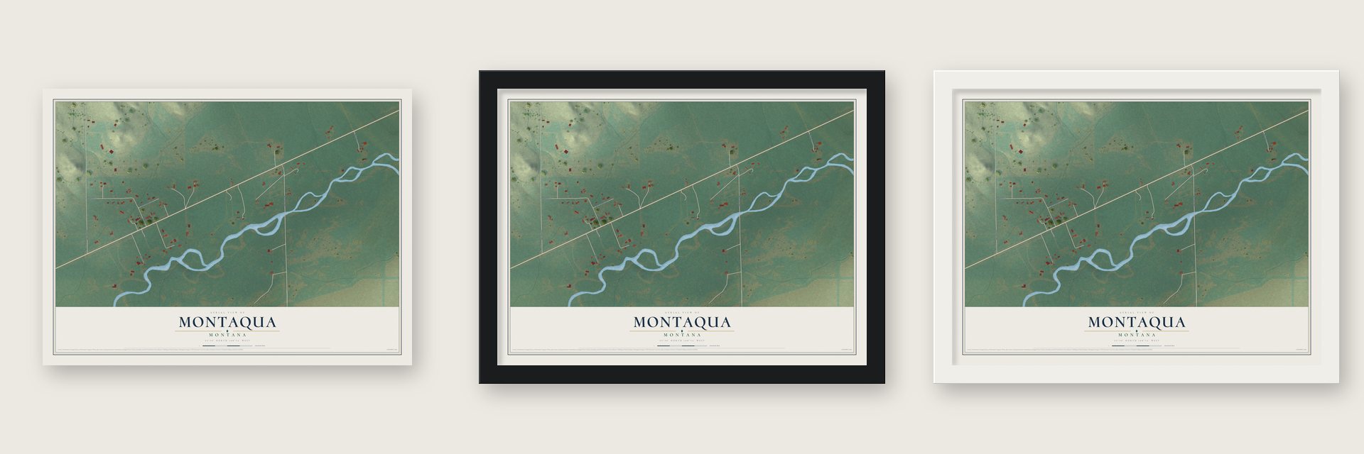 Montaqua, Montana map unframed, in a black wood frame and in a white wood frame
