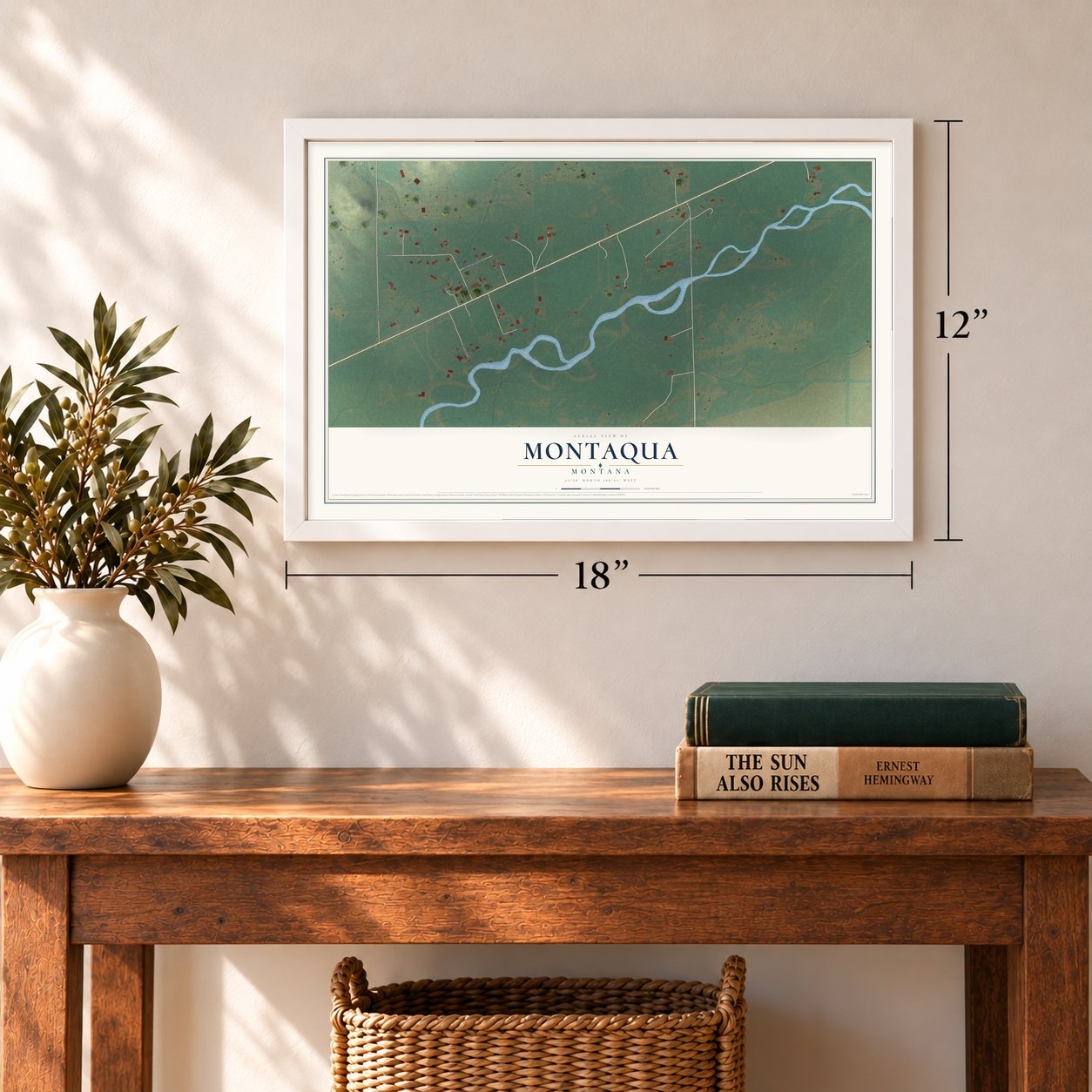 Montaqua, Montana map, 12 x 18 inch print in a white frame in an entryway