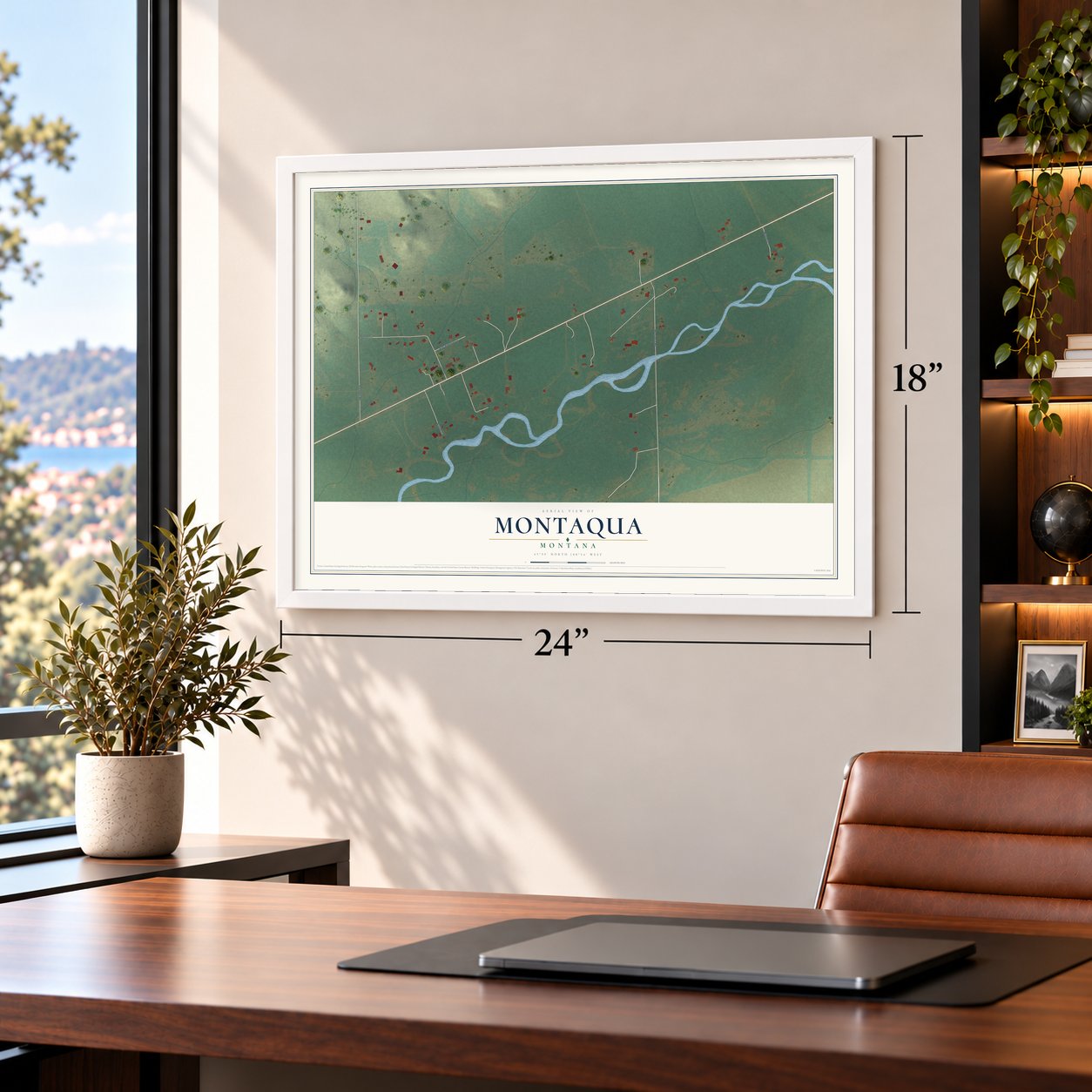 Montaqua, Montana map, 18 x 24 inch print in a white frame in a home office