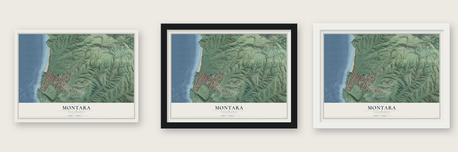 Montara, California map unframed, in a black wood frame and in a white wood frame