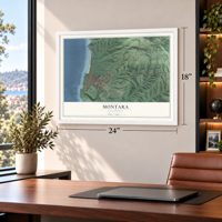 Montara, California map, 18 x 24 inch print in a white frame in a home office
