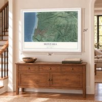 Montara, California map, 24 x 36 inch print in a white frame above a dresser by a staircase
