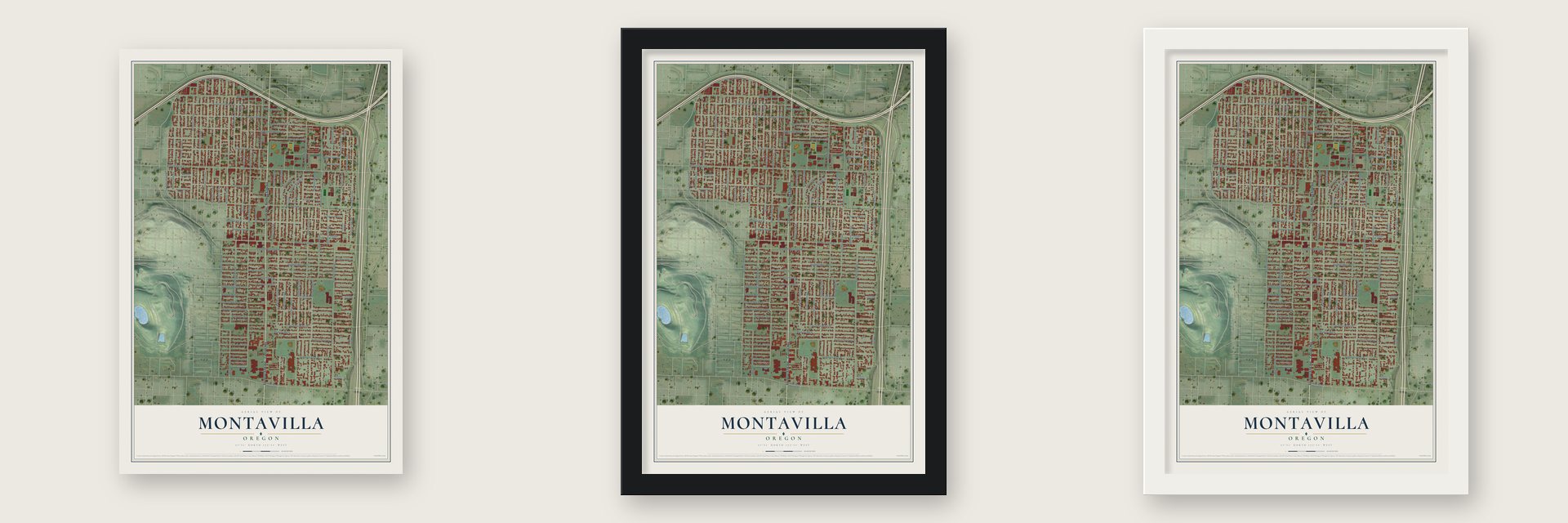 Montavilla, Oregon map unframed, in a black wood frame and in a white wood frame