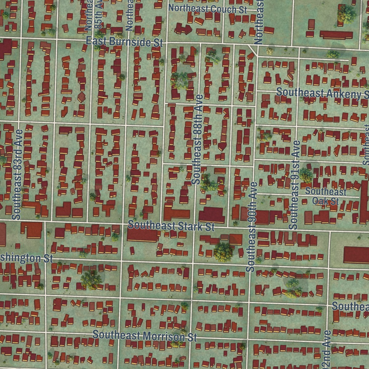 Second close-up of the map of Montavilla, Oregon print showing more streets and buildings