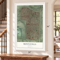 Montavilla, Oregon map, 24 x 36 inch print in a white frame by a staircase