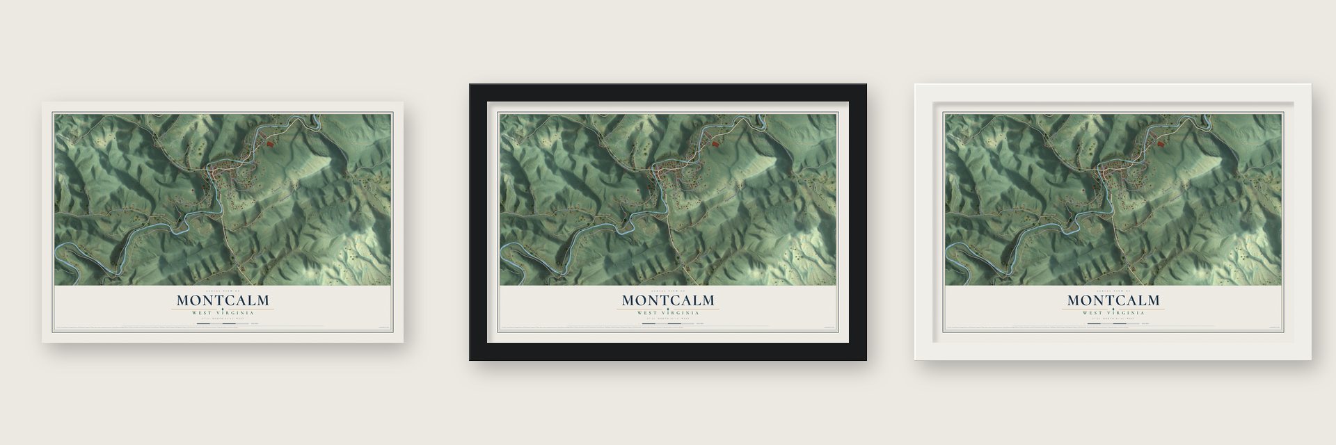Montcalm, West Virginia map unframed, in a black wood frame and in a white wood frame