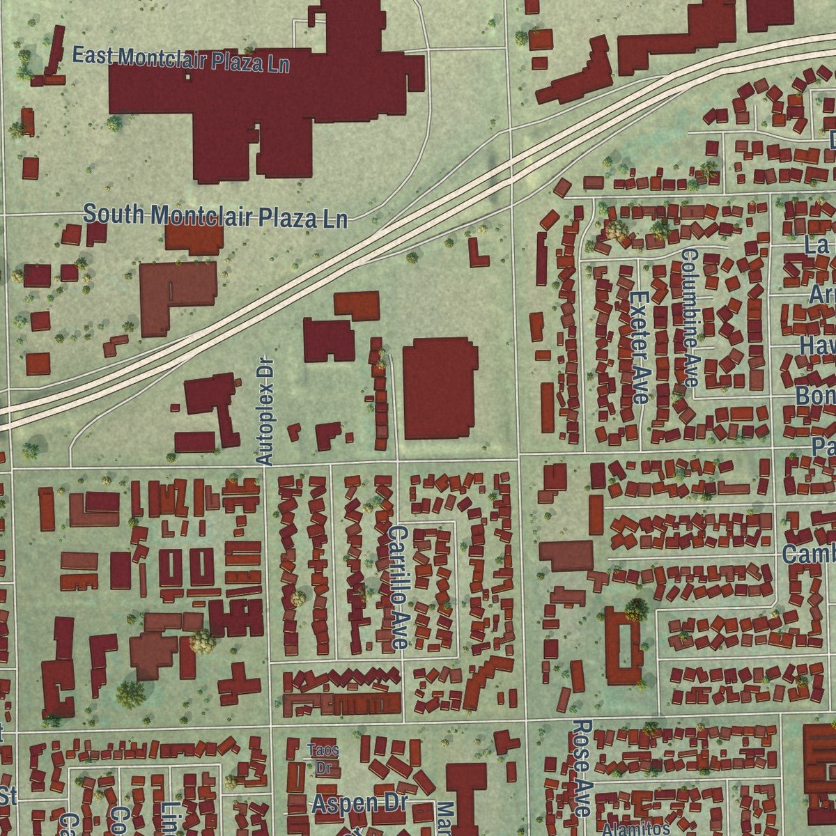 Second close-up of the map of Montclair, California print showing more streets and buildings