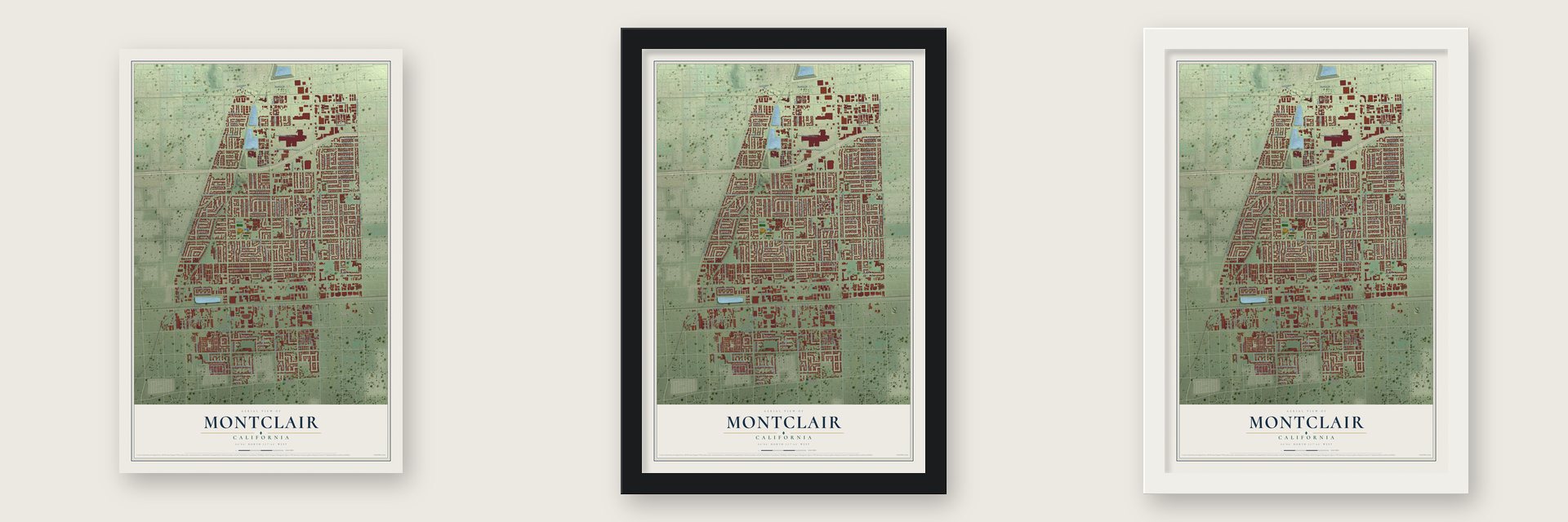 Montclair, California map unframed, in a black wood frame and in a white wood frame