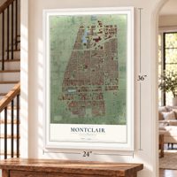 Montclair, California map, 24 x 36 inch print in a white frame by a staircase