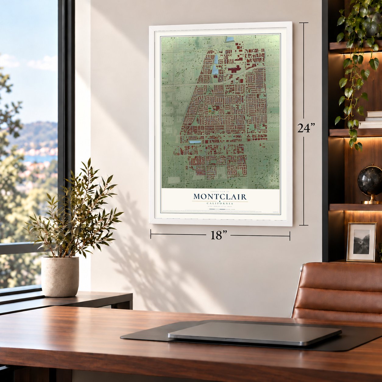 Montclair, California map, 18 x 24 inch print in a white frame in a home office