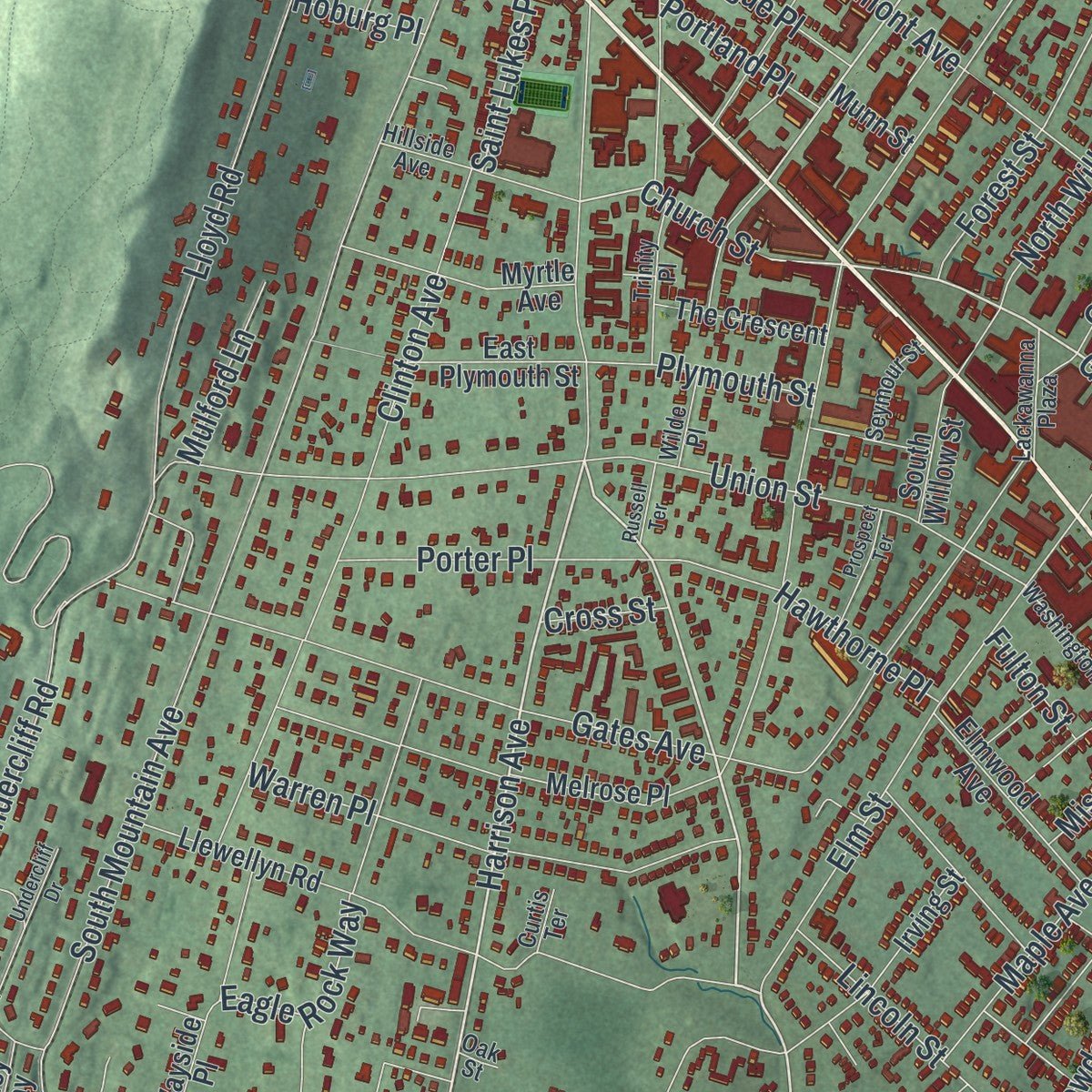 Second close-up of the map of Montclair, New Jersey print showing more streets and buildings