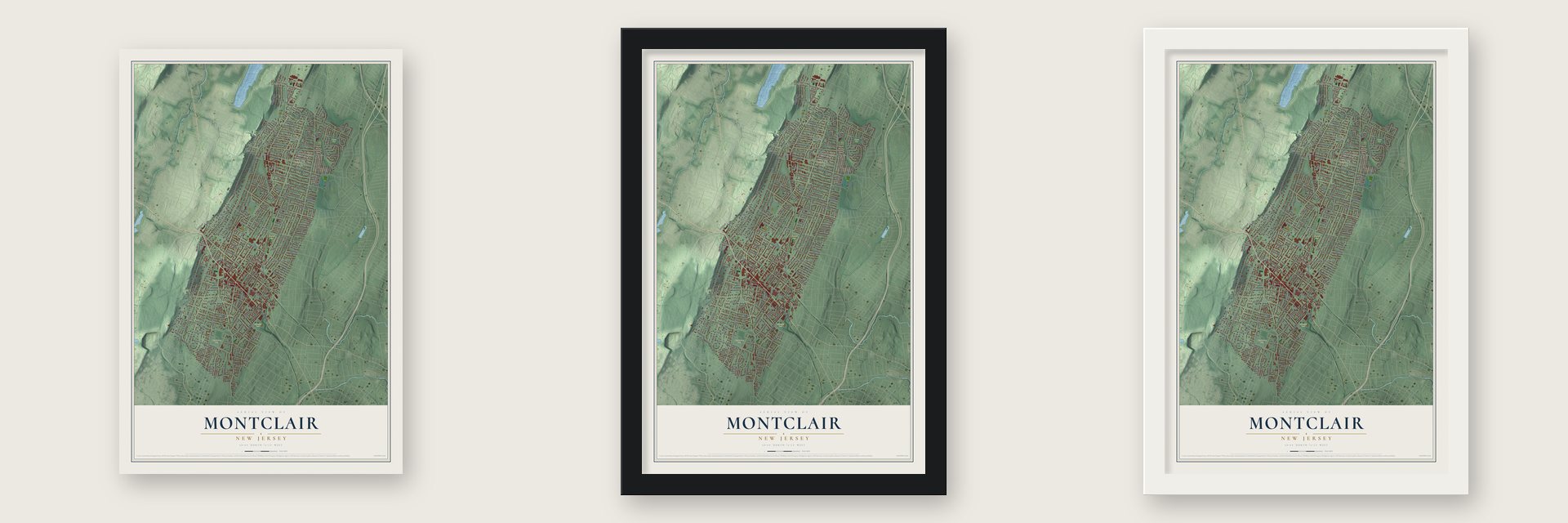 Montclair, New Jersey map unframed, in a black wood frame and in a white wood frame