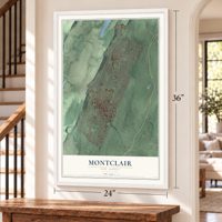 Montclair, New Jersey map, 24 x 36 inch print in a white frame by a staircase