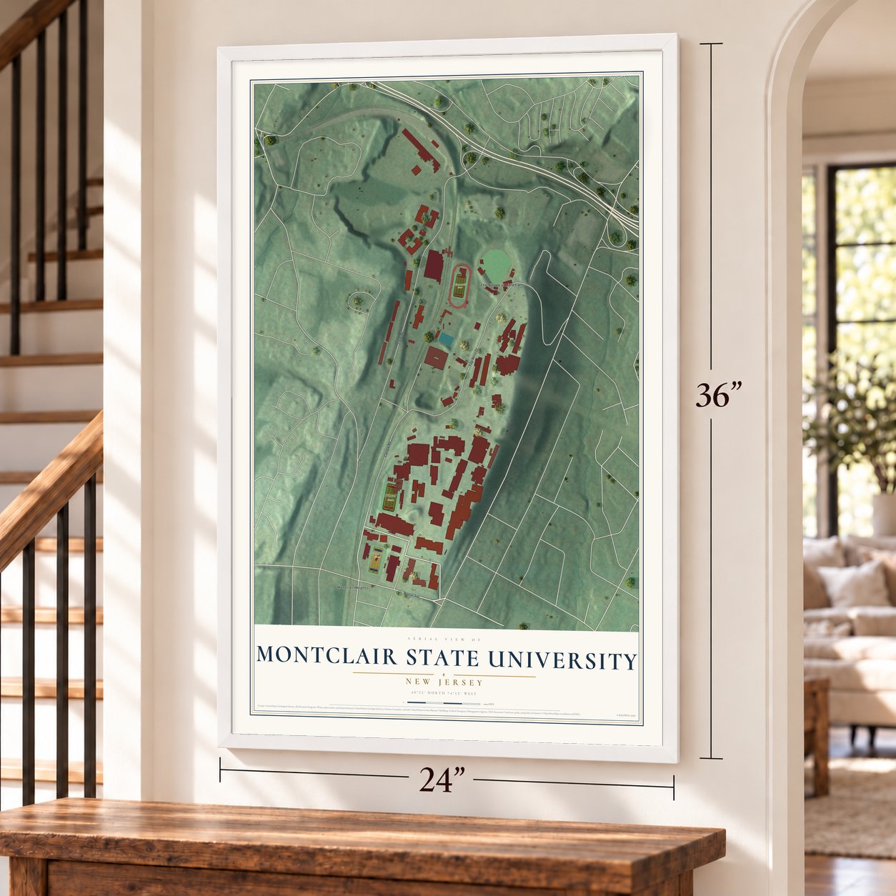 Montclair State University, New Jersey map, 24 x 36 inch print in a white frame by a staircase