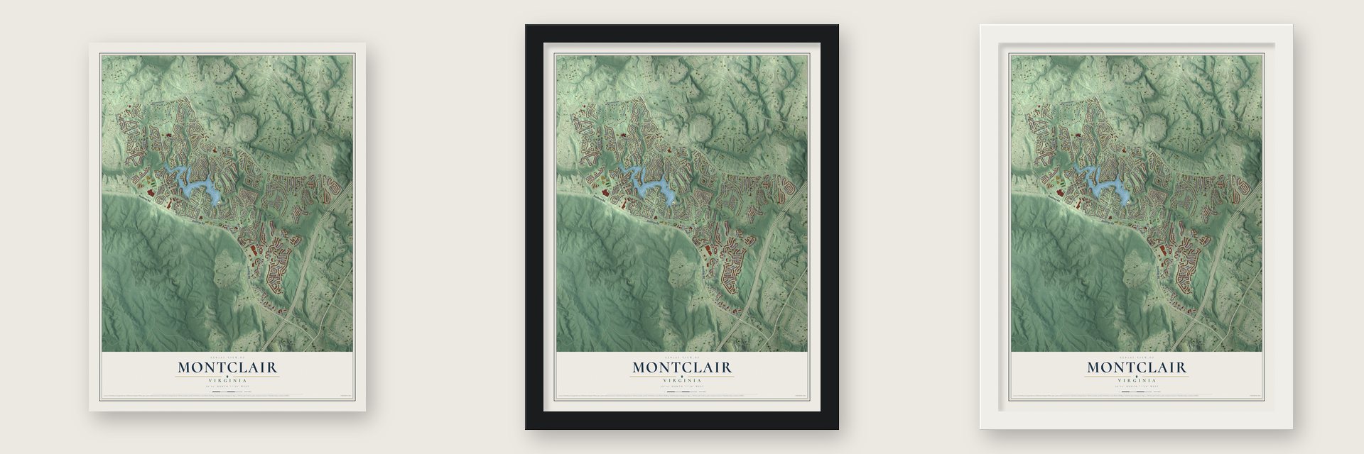 Montclair, Virginia map unframed, in a black wood frame and in a white wood frame