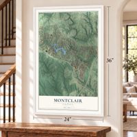 Montclair, Virginia map, 24 x 36 inch print in a white frame by a staircase