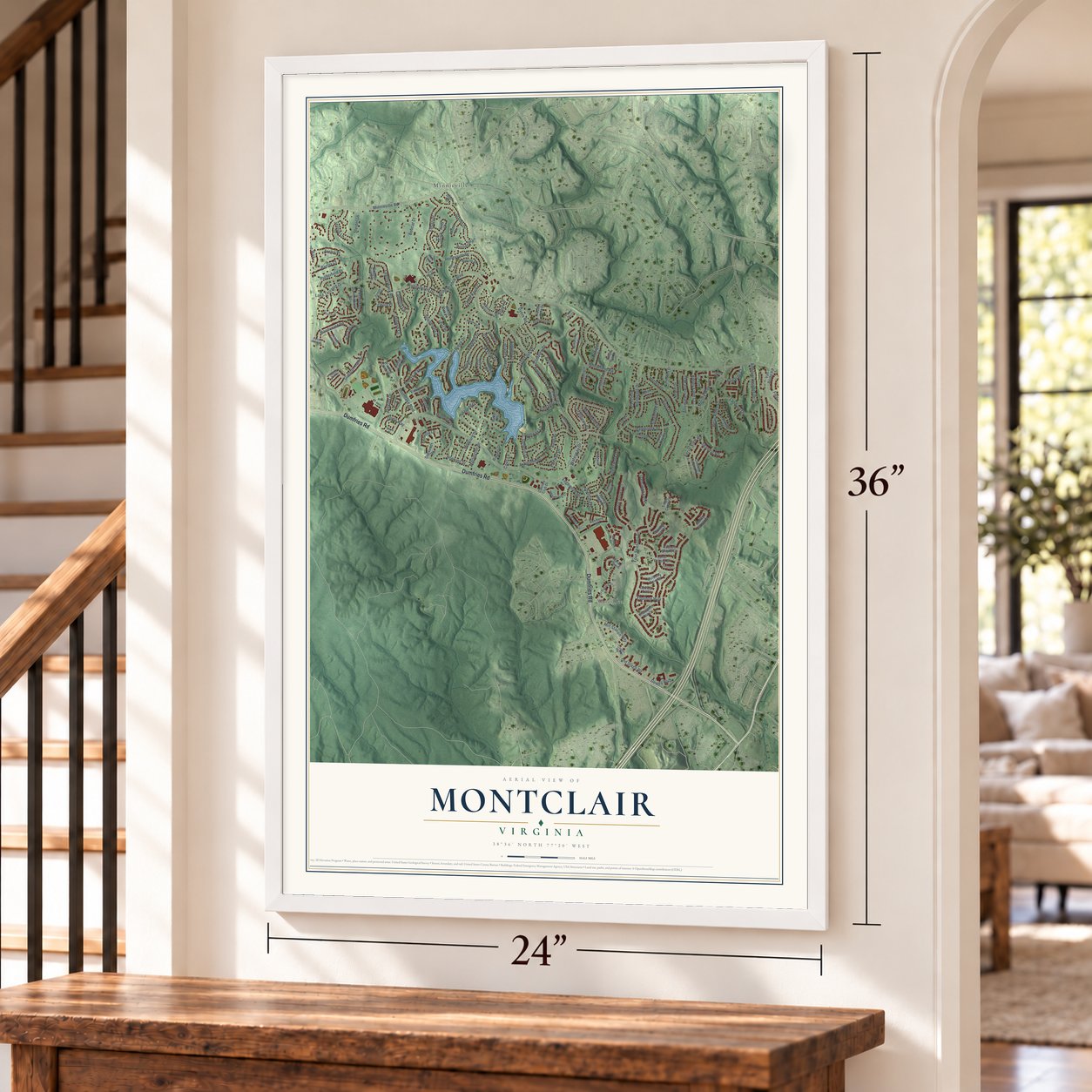 Montclair, Virginia map, 24 x 36 inch print in a white frame by a staircase