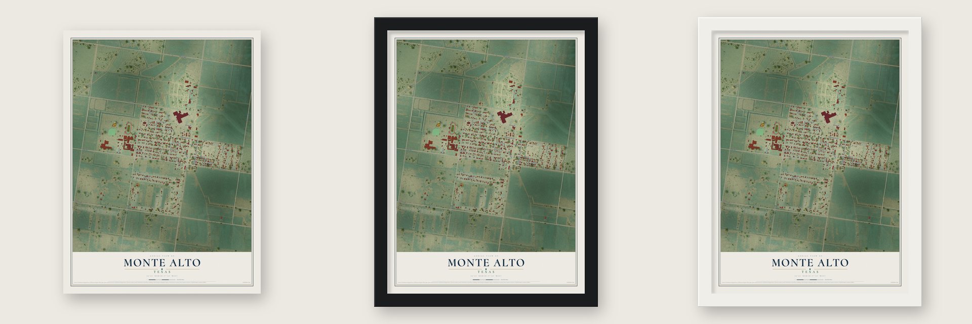 Monte Alto, Texas map unframed, in a black wood frame and in a white wood frame