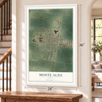 Monte Alto, Texas map, 24 x 36 inch print in a white frame by a staircase