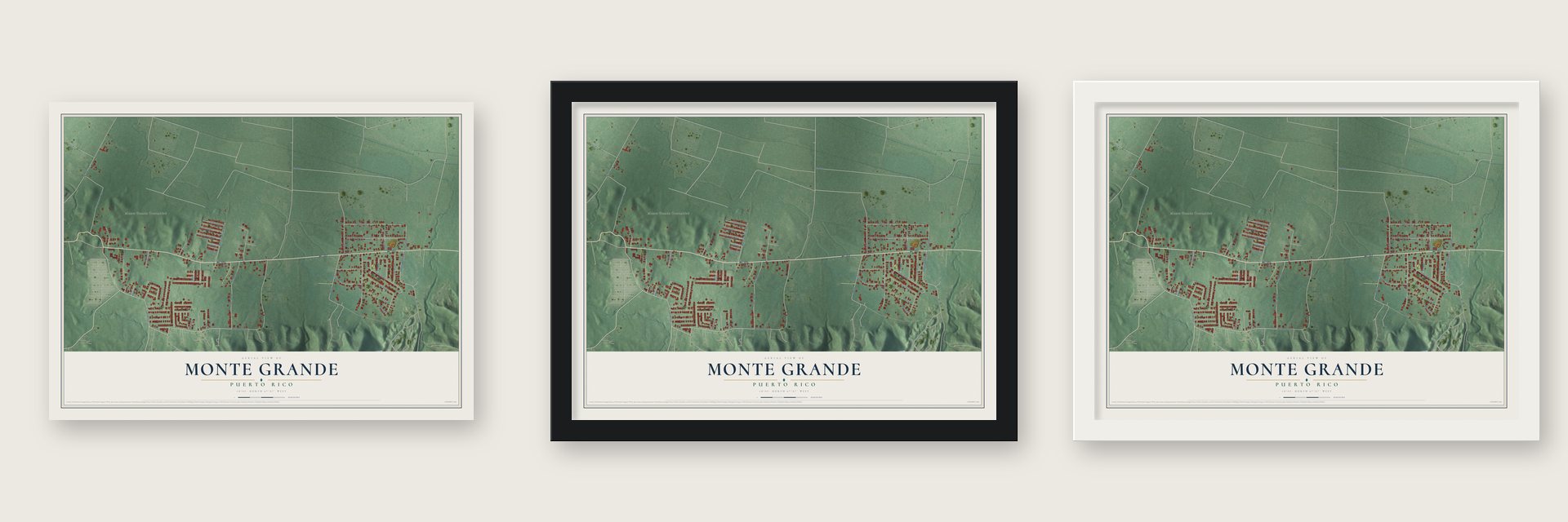 Monte Grande, Puerto Rico map unframed, in a black wood frame and in a white wood frame
