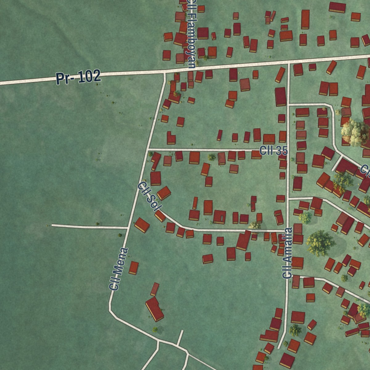 Second close-up of the map of Monte Grande, Puerto Rico print showing more streets and buildings