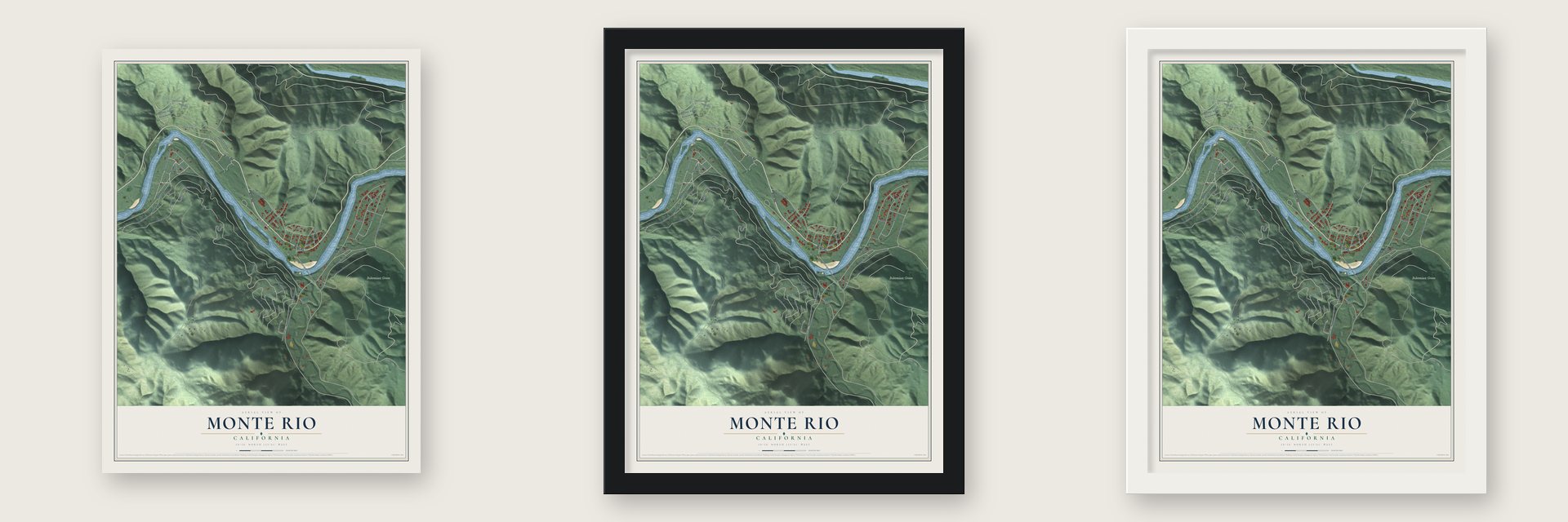 Monte Rio, California map unframed, in a black wood frame and in a white wood frame
