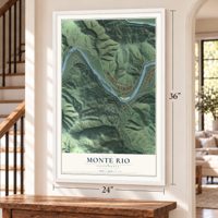 Monte Rio, California map, 24 x 36 inch print in a white frame by a staircase