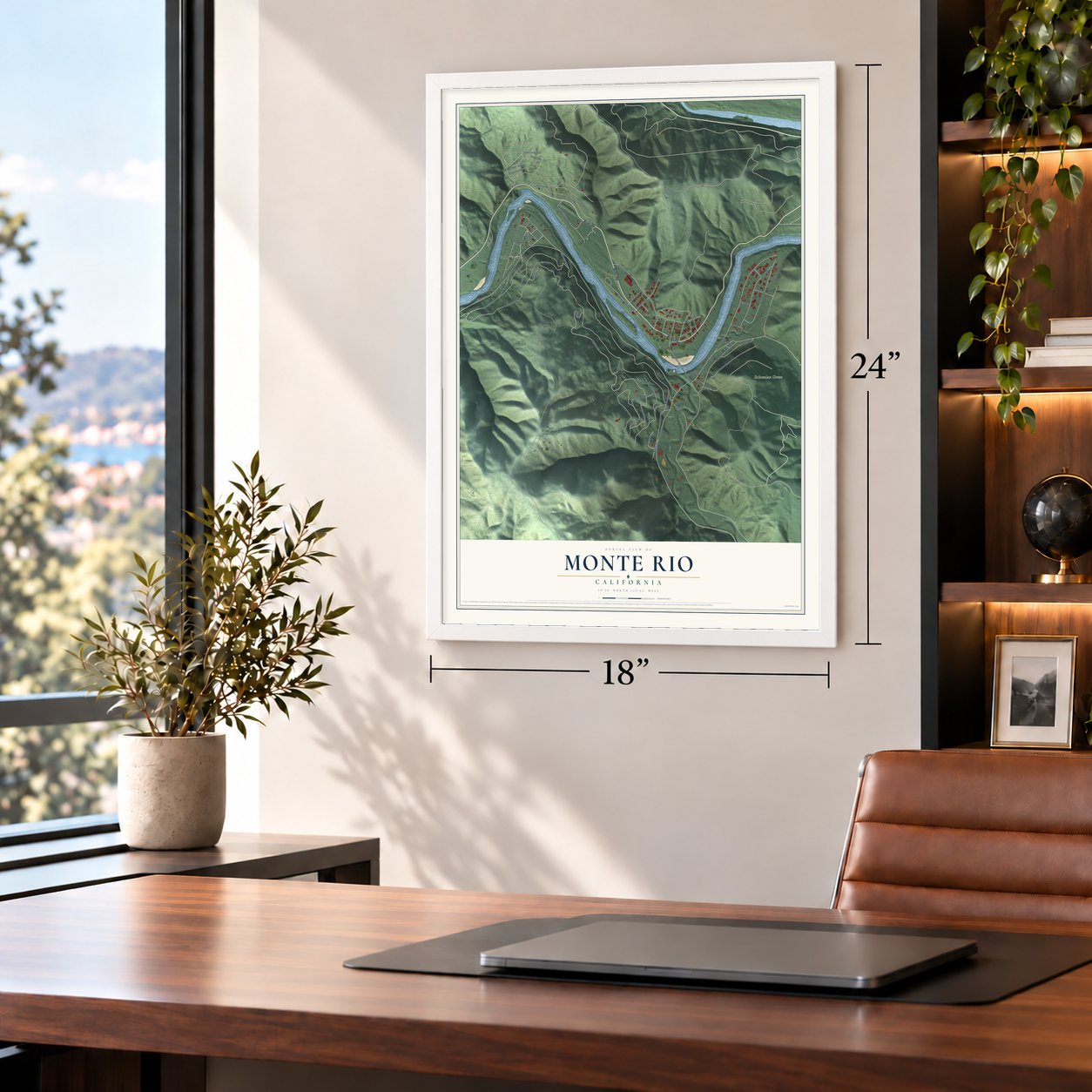 Monte Rio, California map, 18 x 24 inch print in a white frame in a home office