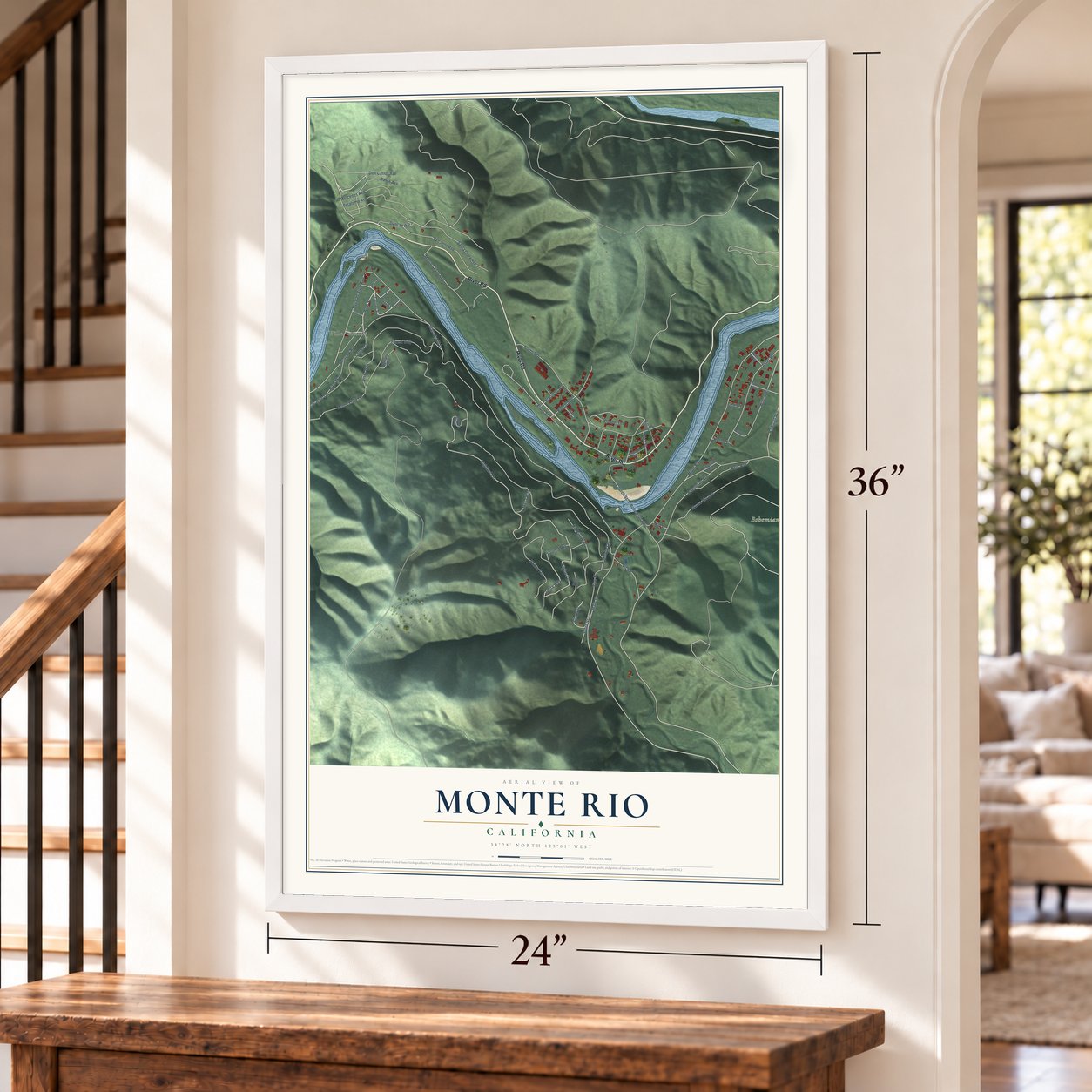 Monte Rio, California map, 24 x 36 inch print in a white frame by a staircase