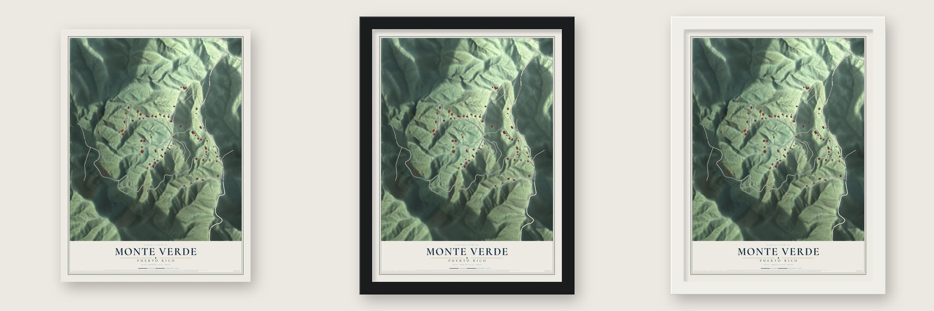 Monte Verde, Puerto Rico map unframed, in a black wood frame and in a white wood frame