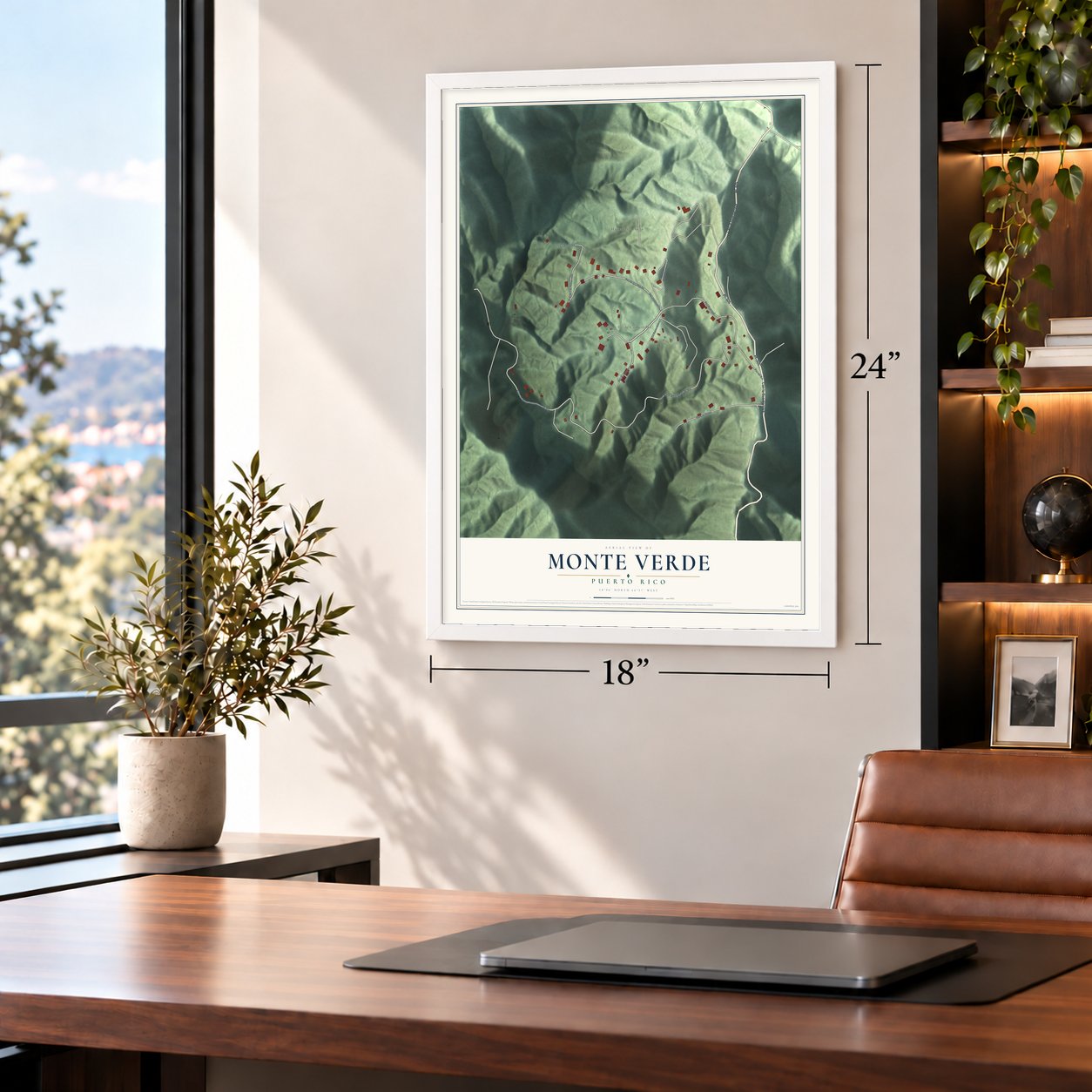 Monte Verde, Puerto Rico map, 18 x 24 inch print in a white frame in a home office