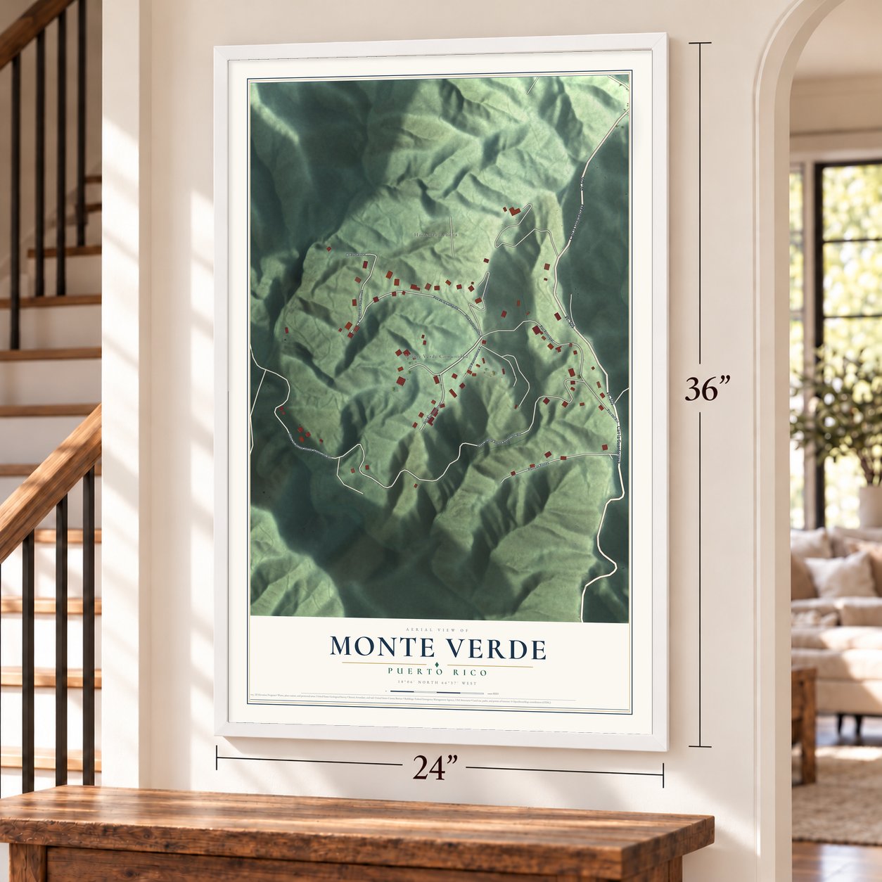 Monte Verde, Puerto Rico map, 24 x 36 inch print in a white frame by a staircase
