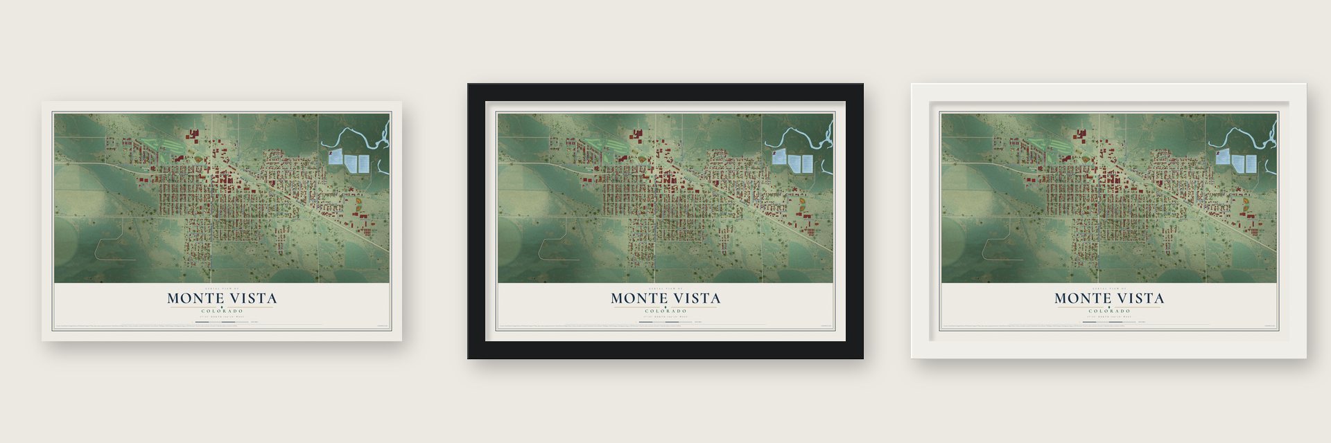 Monte Vista, Colorado map unframed, in a black wood frame and in a white wood frame