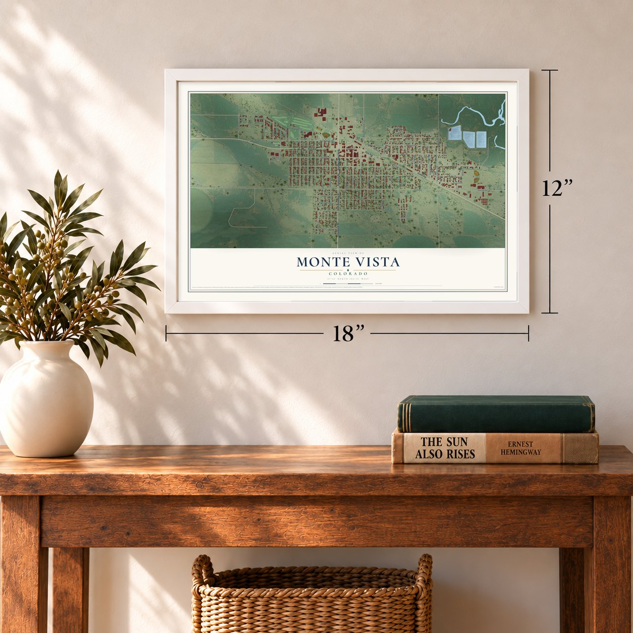 Monte Vista, Colorado map, 12 x 18 inch print in a white frame in an entryway