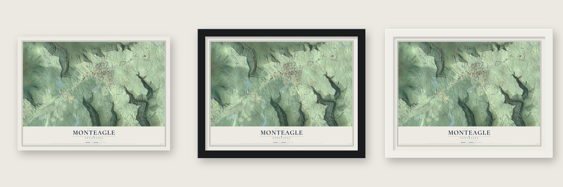 Monteagle, Tennessee map unframed, in a black wood frame and in a white wood frame