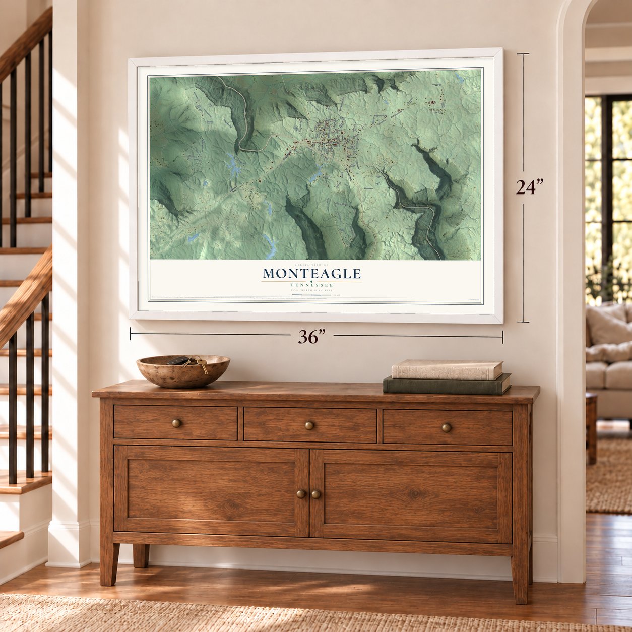 Monteagle, Tennessee map, 24 x 36 inch print in a white frame above a dresser by a staircase