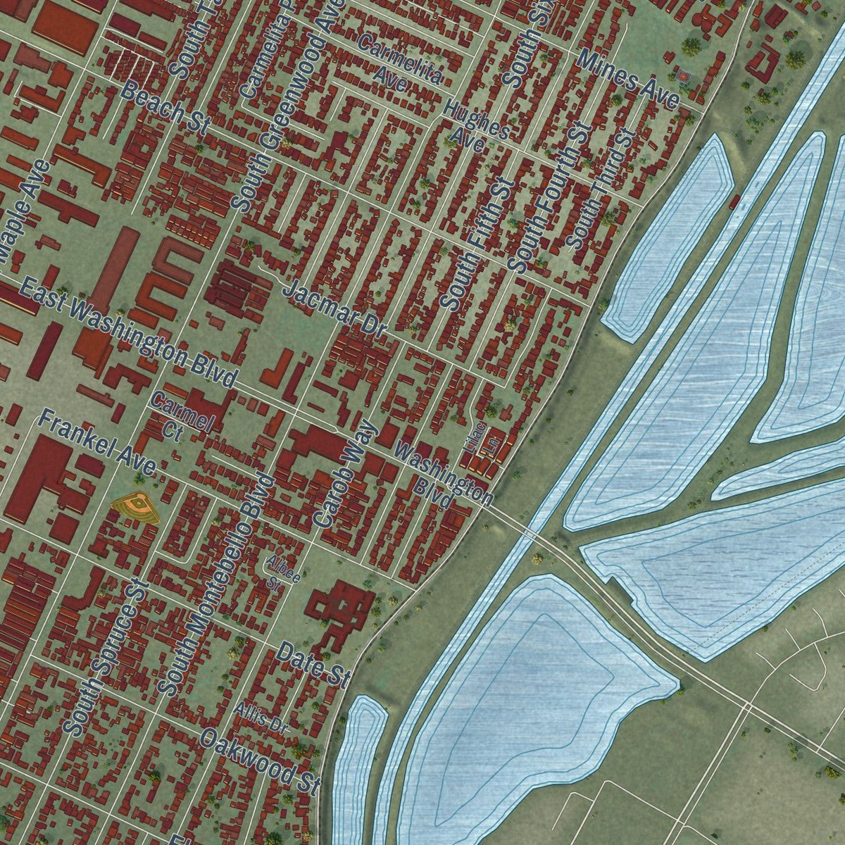Second close-up of the map of Montebello, California print showing more streets and buildings
